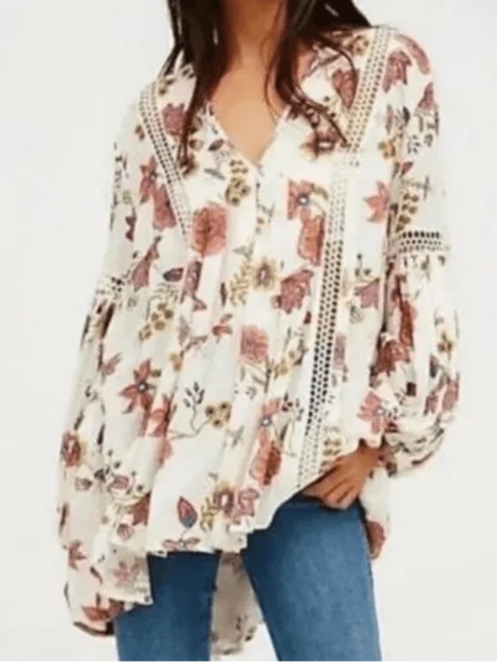 Free People "Just the Two of Us" Floral Tunic Dress Large Cottagecore Boho